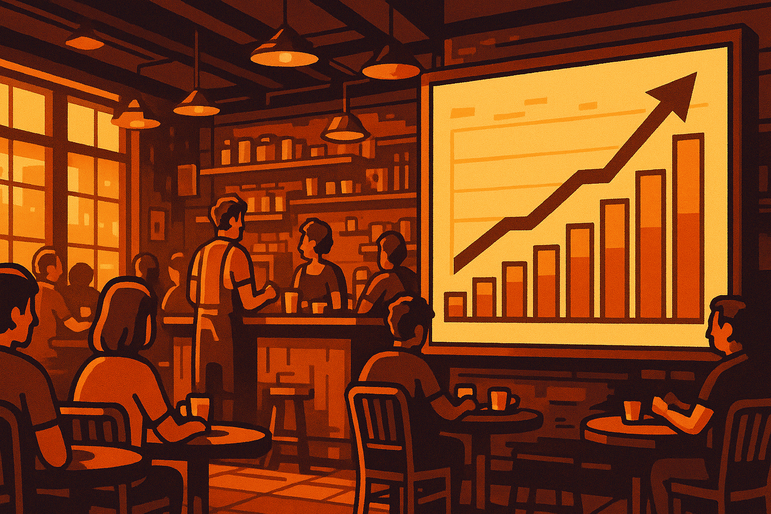 A cafe filled with people watching a presentation of a chart with a rising arrow, depicting business growth.